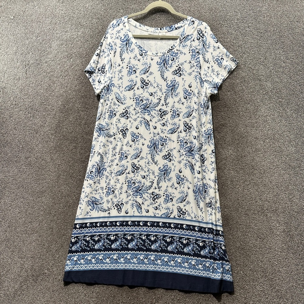 Lucky Brand Midi T-Shirt Dress Women 1X Blue White Paisley Border Print Stretch